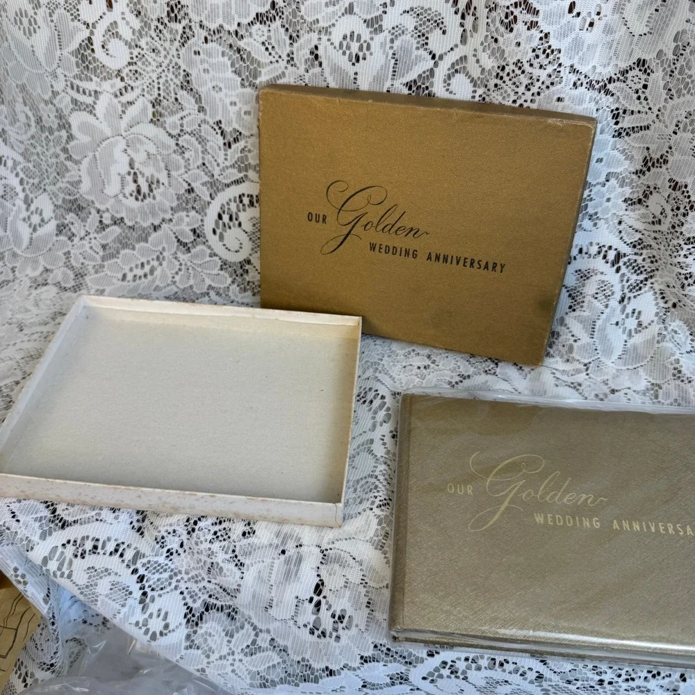 Vintage CR Gibson Our Golden Wedding Anniversary Guest Book Gold Boxed MCM Retro